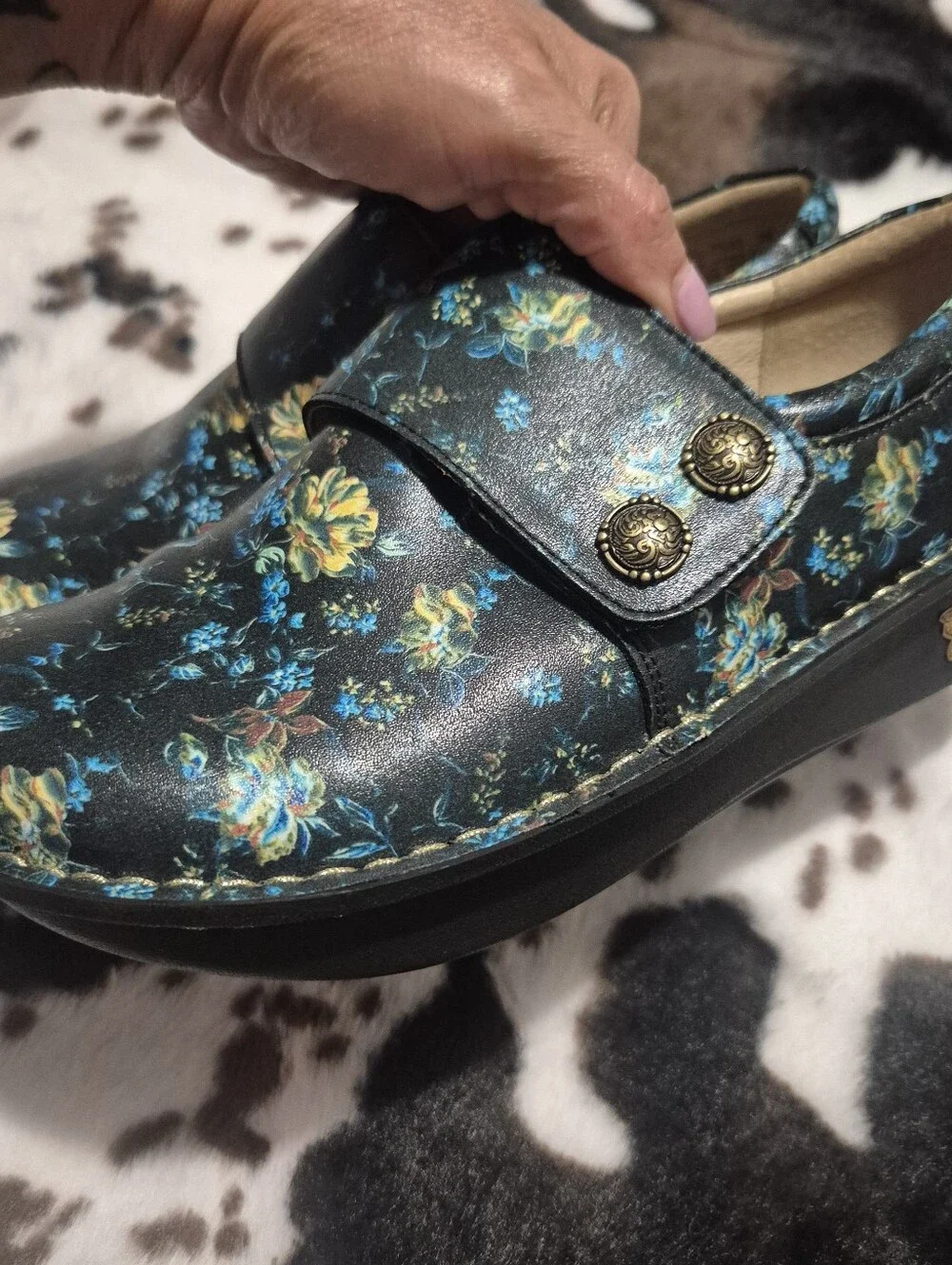 Alegria Black Floral Slip-On Loafers with Yellow & Blue Accents Shoes..Size:38